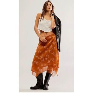 Free People Rust Orange Floral Chiffon Handkerchief Hem Midi Skirt Womens Medium